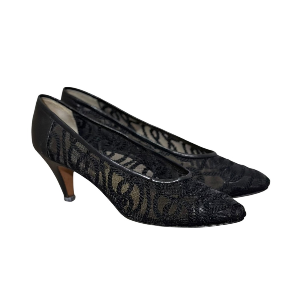Sesto Meucci VNG Black Mesh Embroidered Pointed Toe Pumps Made in Italy‎ Size 8N